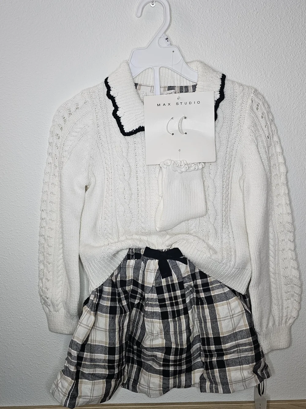 Max Studio Cream Cable Knit Sweater with Black-Trim Collar